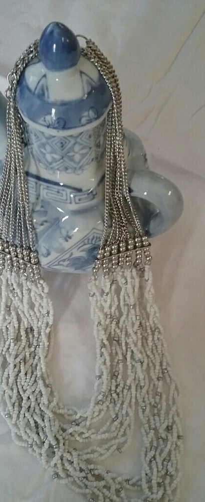 White & Silvertone  Multistrand Drape Necklace